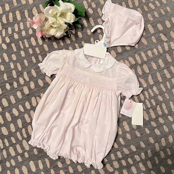 Smocked Romper with bonnet size 6 months